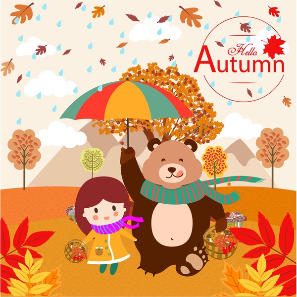 autumn celebration background with girl and bear design