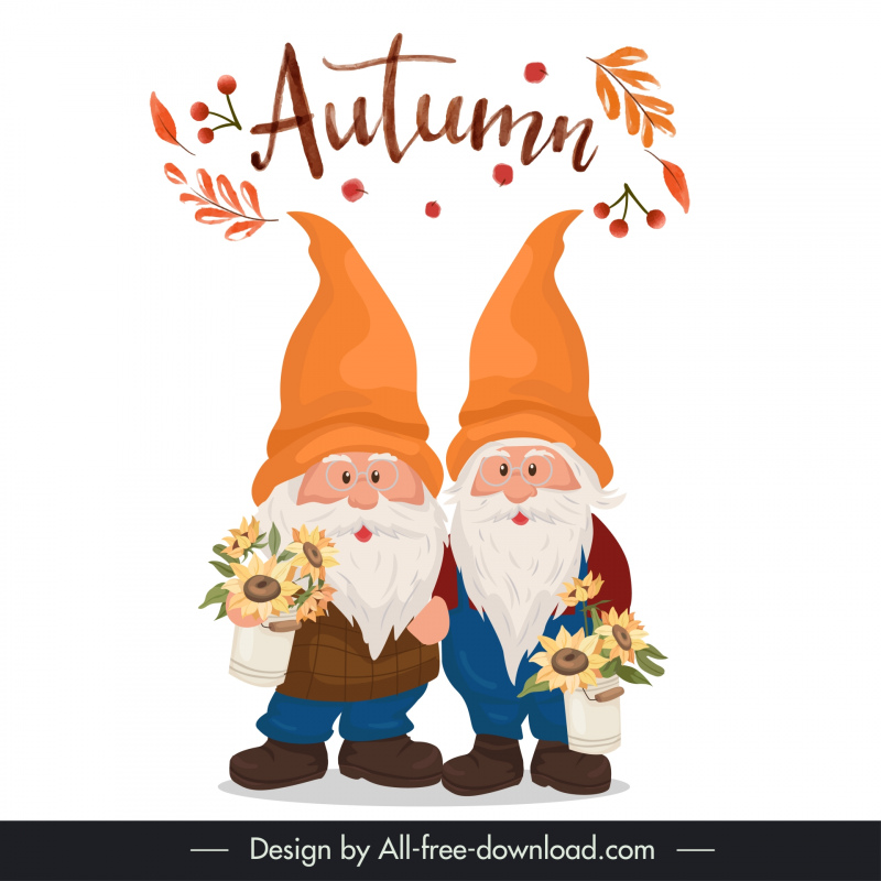 autumn characters design elements cute cartoon dwarfs flowers leaves