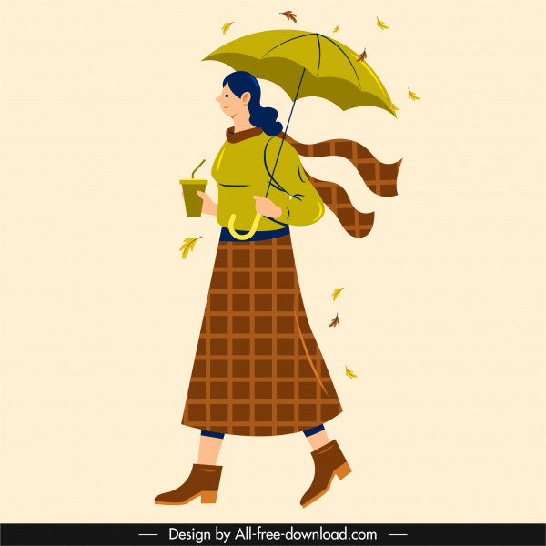 autumn costume icon lady windy umbrella sketch