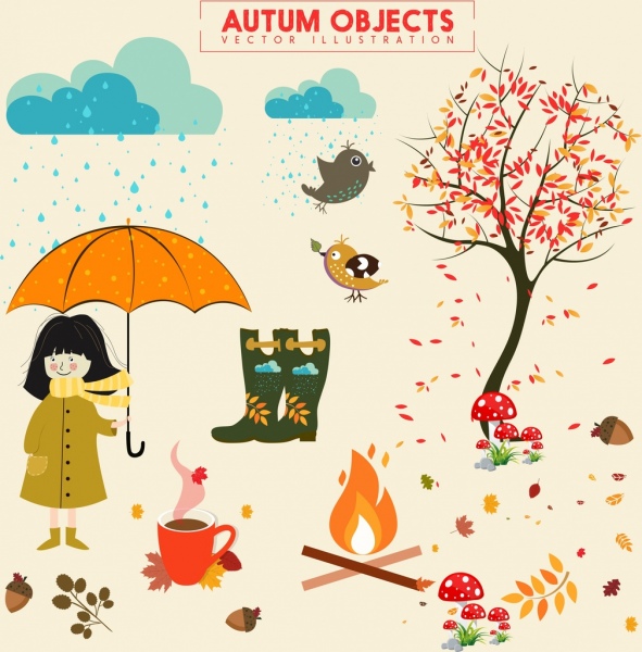 autumn design elements multicolored objects colored cartoon