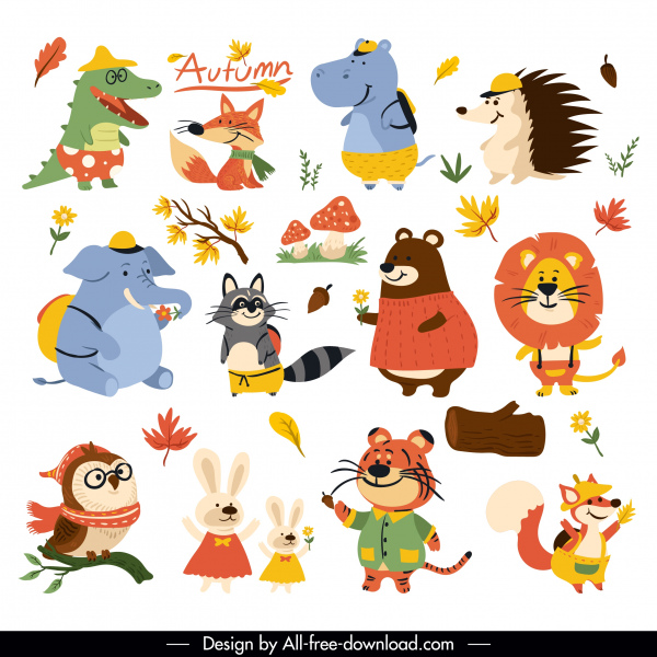 autumn icons stylized animals leaf sketch cartoon design
