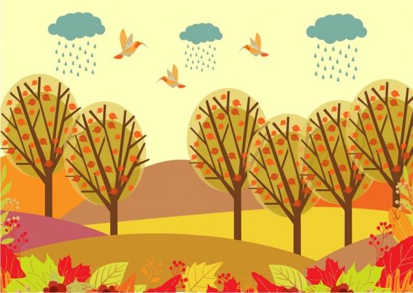 autumn landscape drawing colorful cartoon birds trees decoration