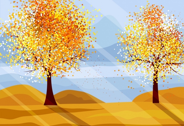 autumn landscape painting yellow flowers trees sunlight icons