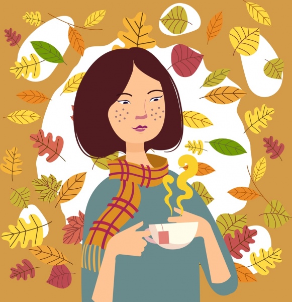 autumn painting relaxing girl tea cup leaves icons