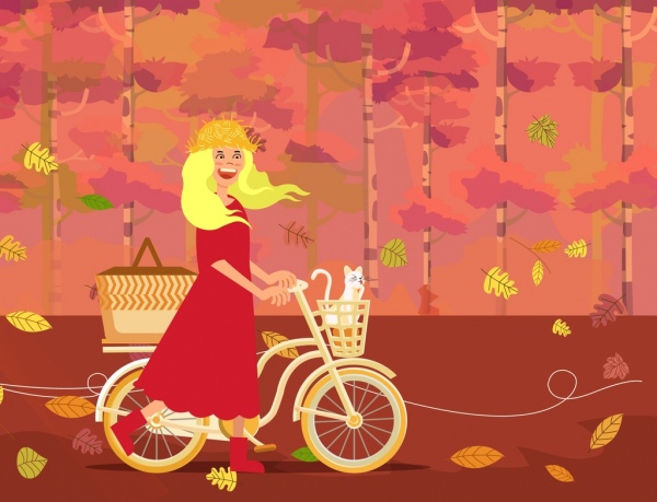 autumn painting woman bicycle falling leaves ornament