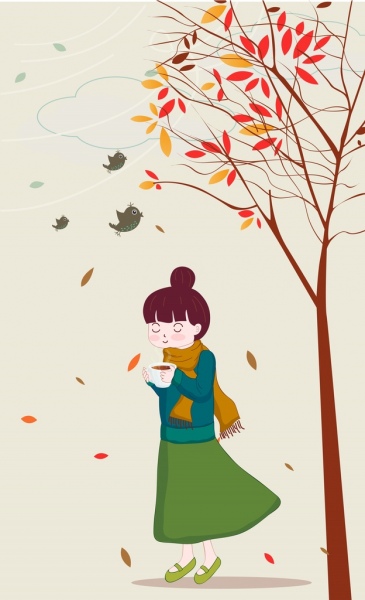 autumn painting woman falling leaves birds cartoon design