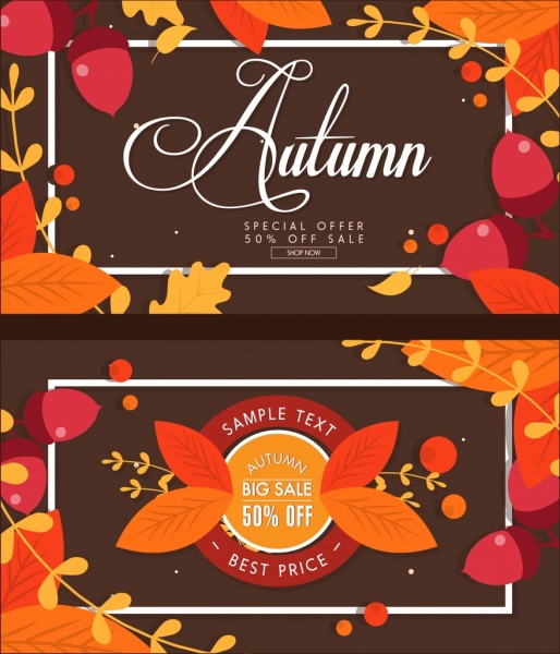 autumn sale banners orange leaves calligraphic decor