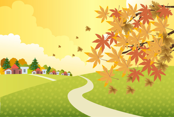 autumn scenery illustration with falling leaves on hill