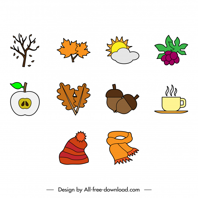 autumn season icons sets flat classical handdrawn outline 