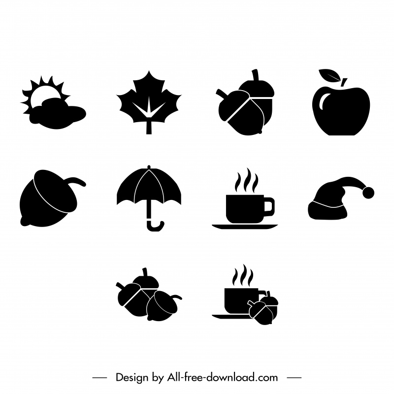autumn season icons sets flat silhouette symbols sketch