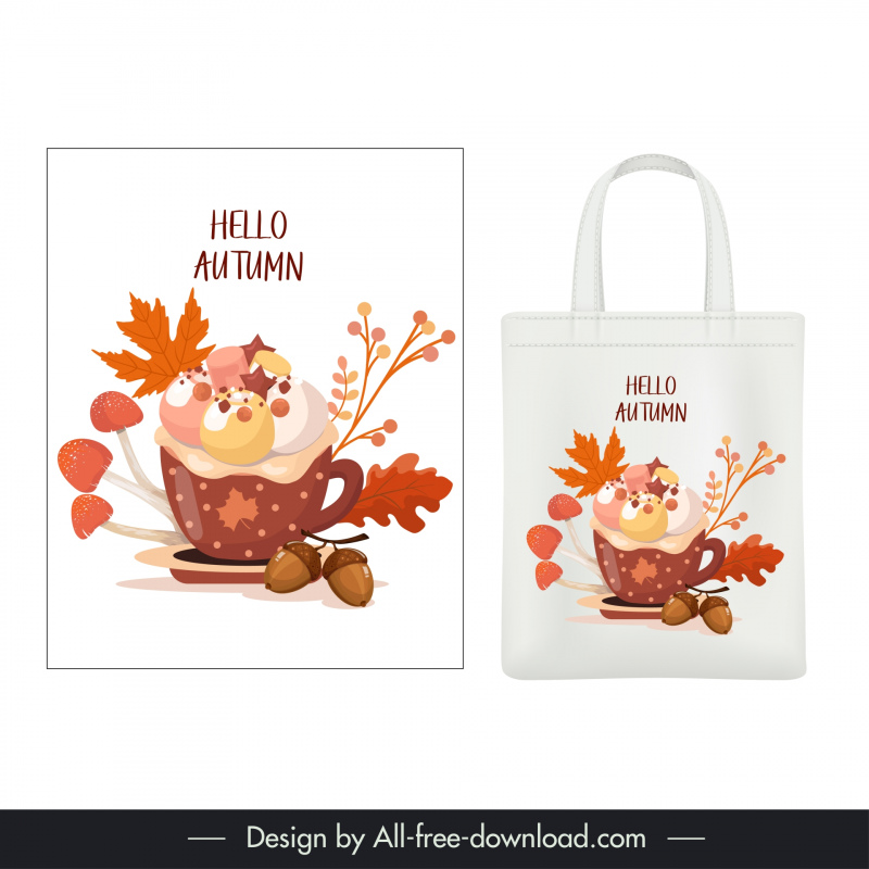 autumn tote bag template elegant cup mushroom chestnut leaves