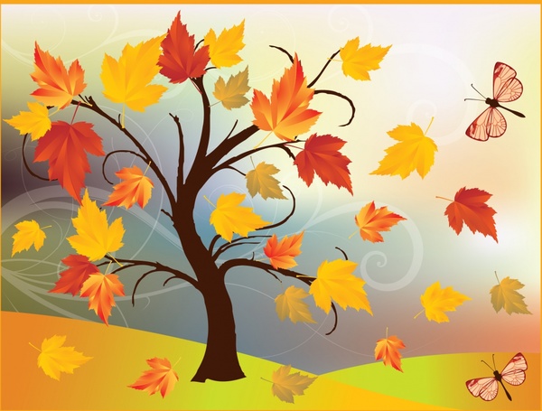 autumn painting tree leaves wind butterflies icons decor