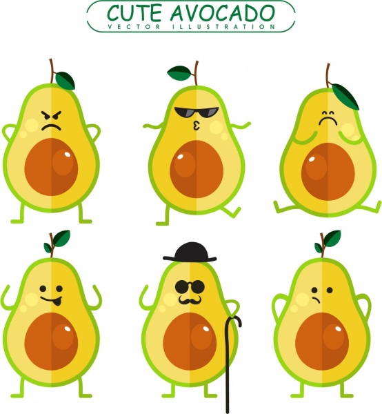 avocado emotional icons cute stylized style colored flat