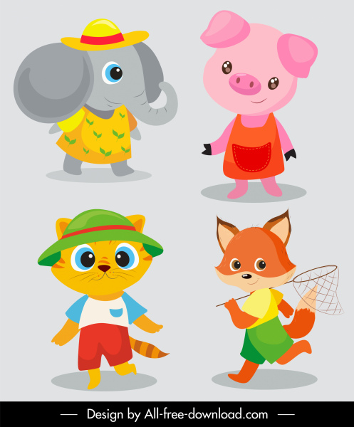 baby animals icons stylized cartoon characters