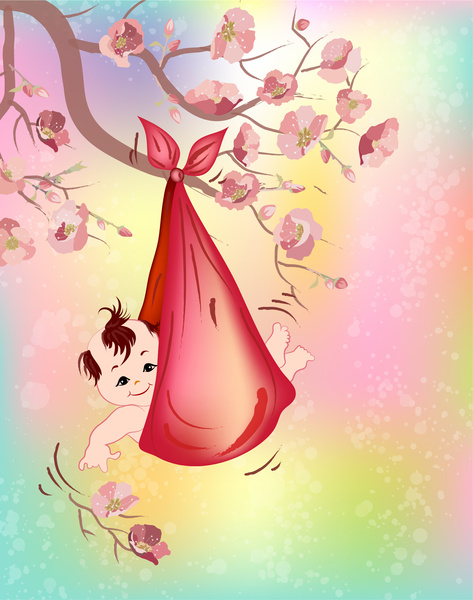 baby hange in a tree flower with red bib