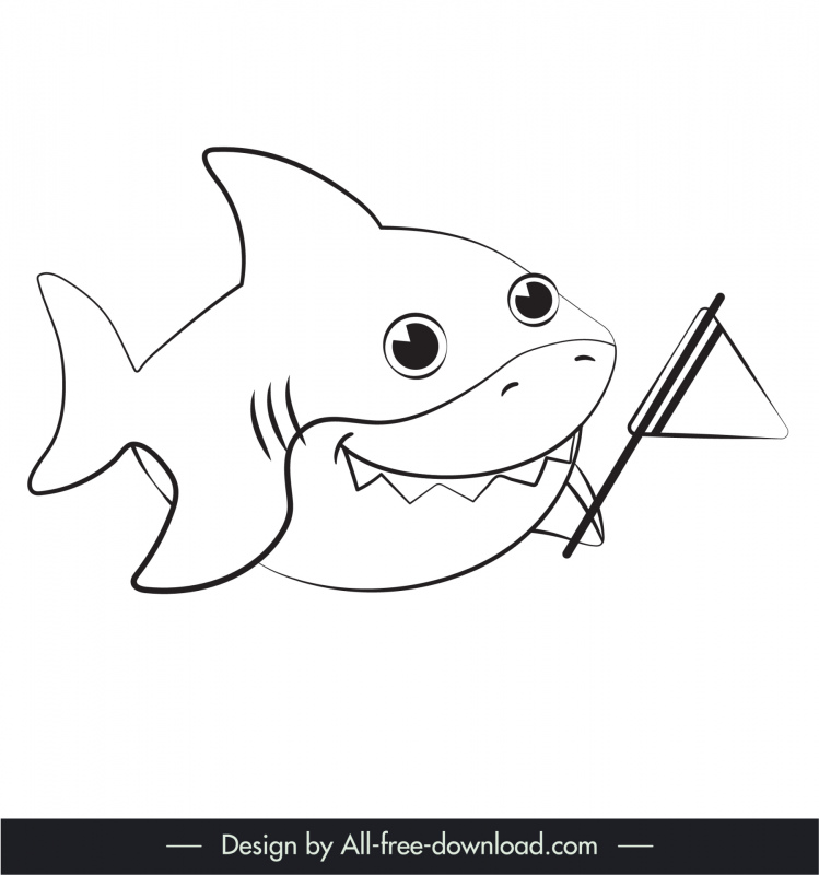 baby shark icon cute flat black white handdrawn cartoon outline 