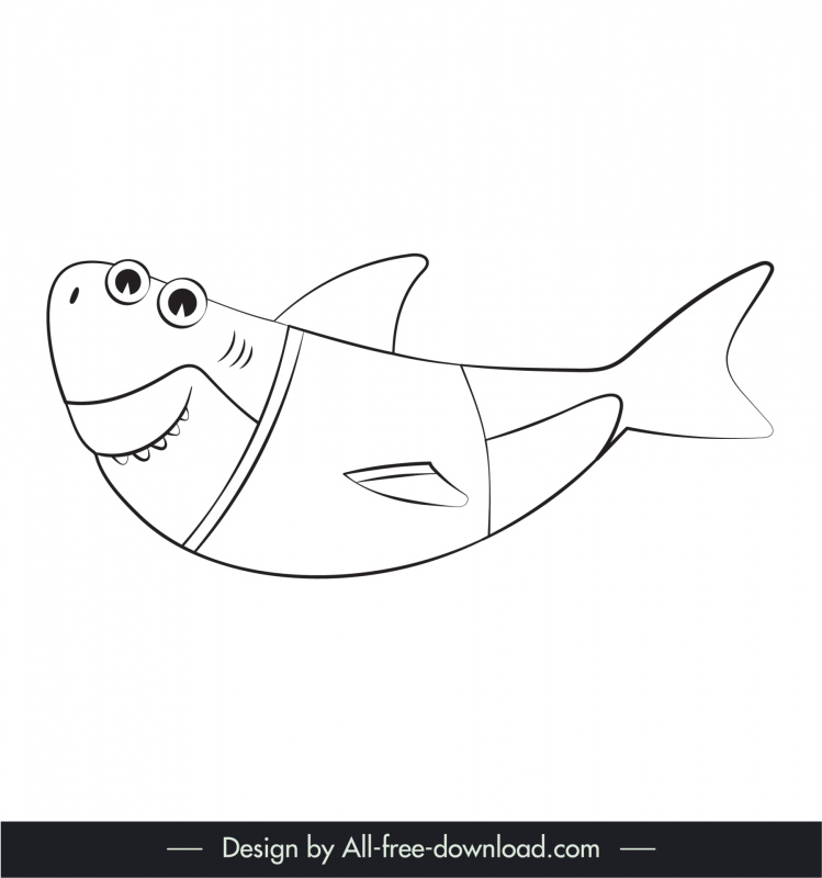 baby shark icon funny black white stylized cartoon outline 