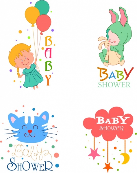 baby shower design elements cat kid star icons