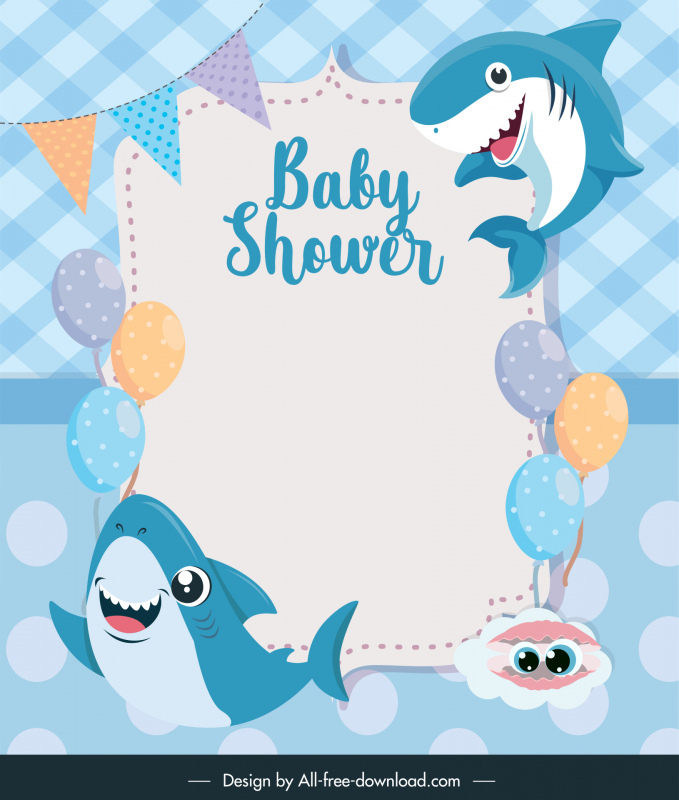 baby shower greeting card template cute cartoon sharks balloon shell decor
