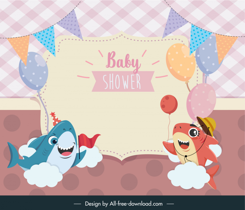 baby shower greeting card template cute stylized sharks sketch balloon ribbon decor cartoon design 