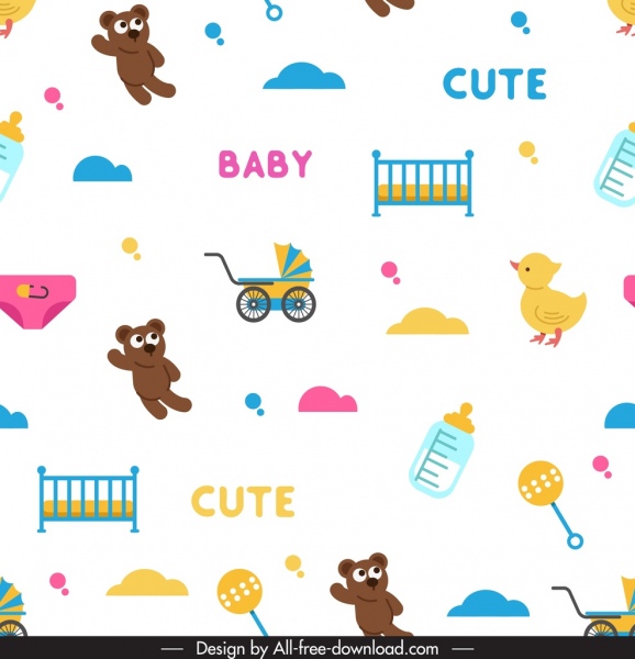 baby shower pattern teddy bear cradle trolley icons