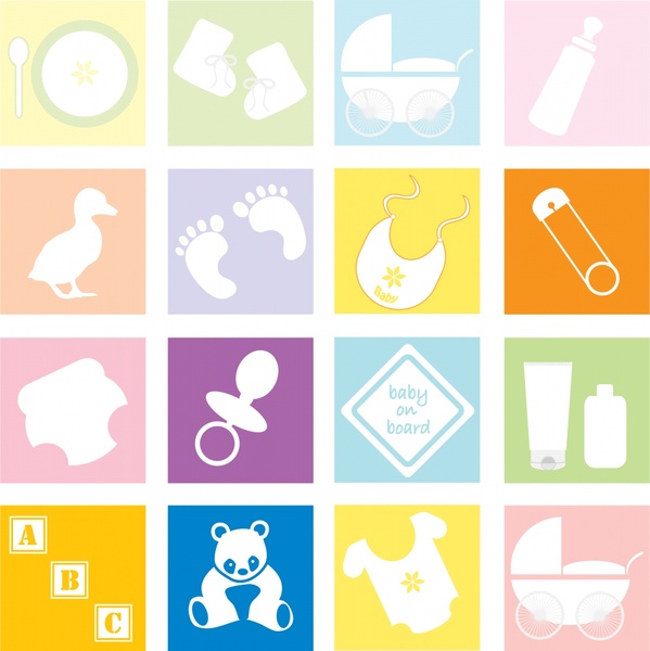 baby utensils icons illustration with silhouette in squares