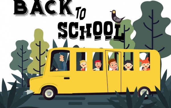 back to school banner bus pupils icons