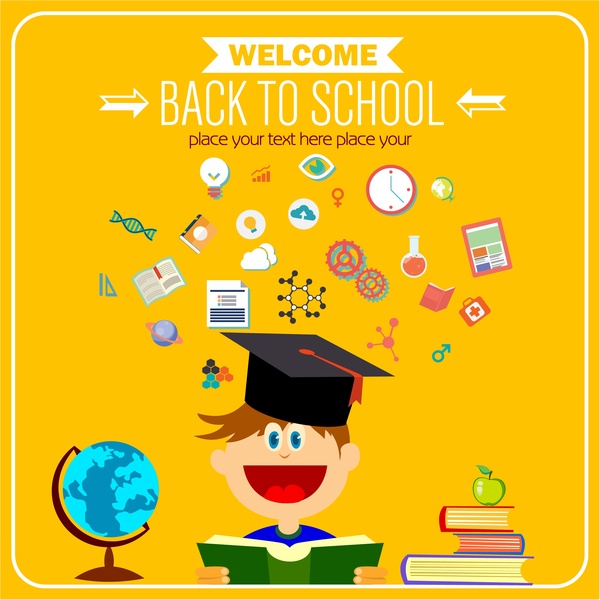 back to school banner educational icons on yellow background