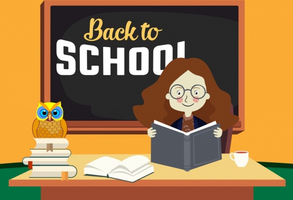 back to school banner female teacher blackboard icons