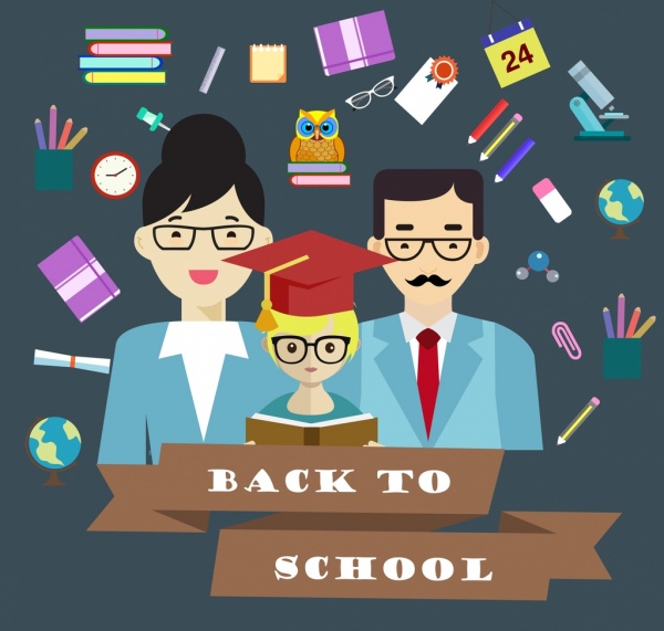 back to school banner graduated pupil parents icons