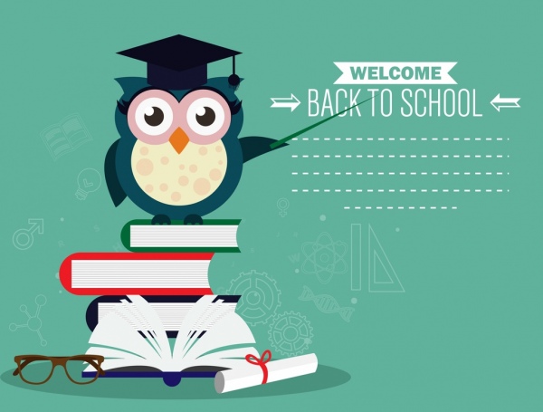 back to school banner owl book stack icons