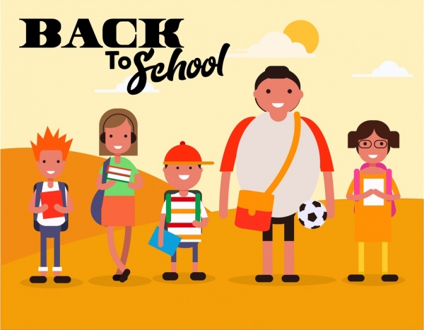 back to school banner students icons cartoon characters