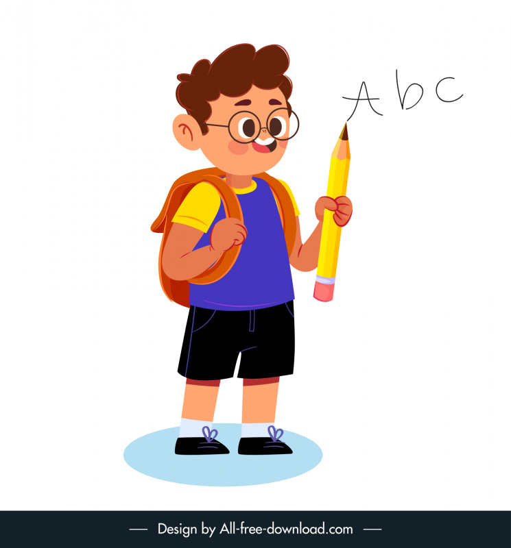 back to school design elements cute schoolboy holding pencil texts sketch cartoon design