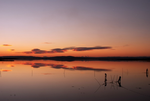 backlit beach calm dawn dusk evening lake landscape