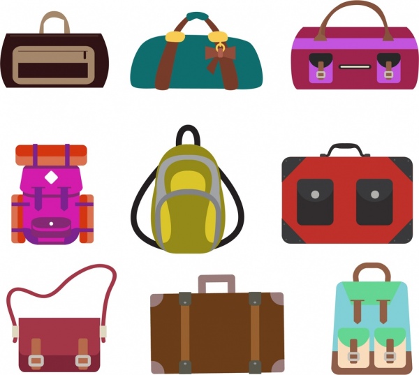 bag icons collection various colored types isolation 