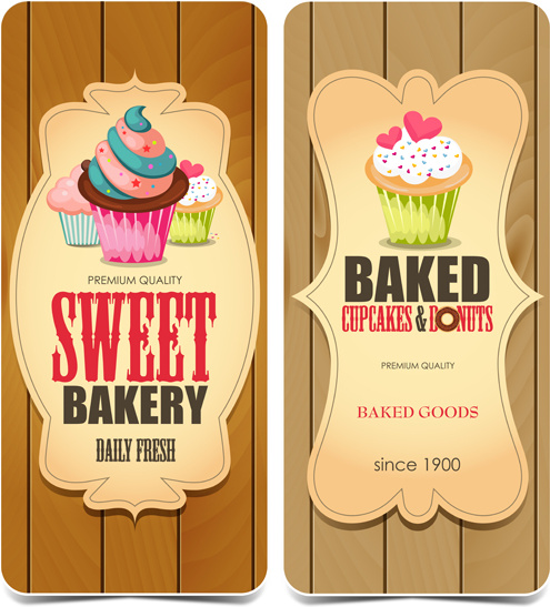 baked cupcake cards with wood background vector
