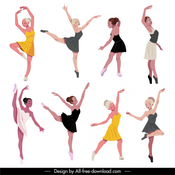 ballet dancer icons dynamic sketch cartoon character sketch