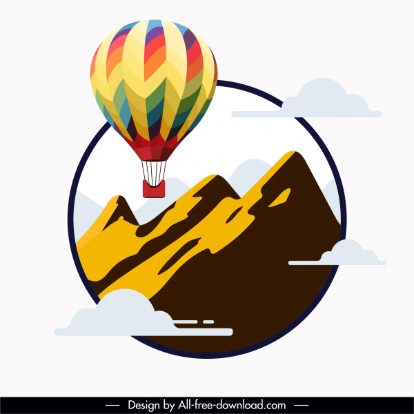 balloon tourism background mountain clouds decor flat sketch