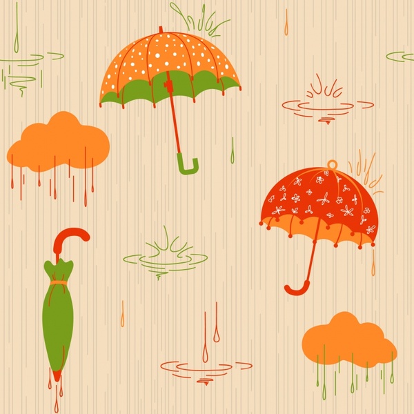 weather background umbrella clouds droplets icons classical design