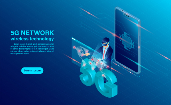 banner 5g network wireless technology concept mobile phone with cpu icon concept for mobile phone technology and telecommunication isometric flat design vector illustration