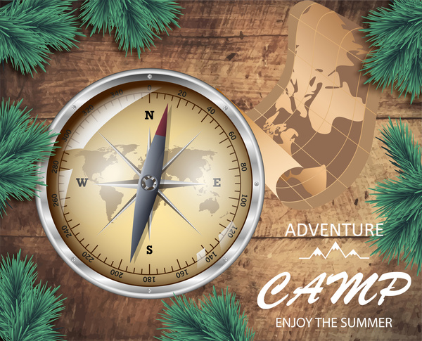 banner design with compass on wooden background