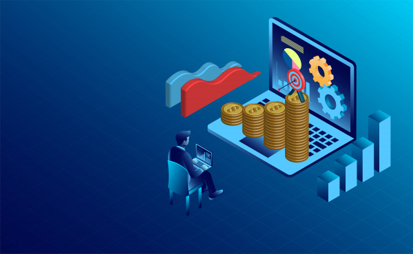 banner with business finance success concept digital marketing isometric illustration cartoon vector