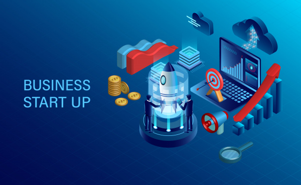 banner with business start up concept digital marketing business success goal isometric illustration cartoon vector