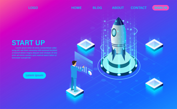 banner with business start up concept digital marketing business success goal isometric illustration cartoon vector