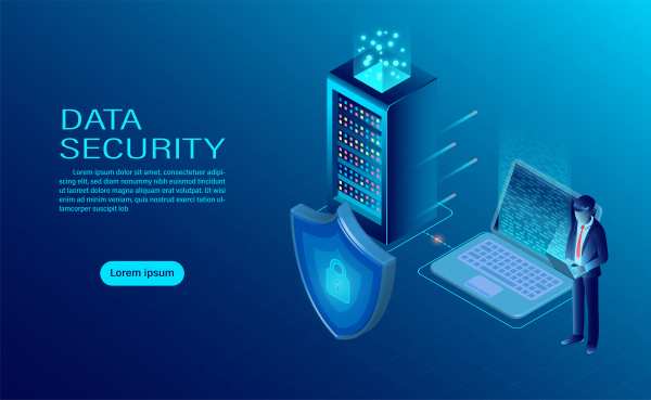 banner with businessman protect data and confidentiality on computer and server data protection and security are confidential flat isometric vector illustration