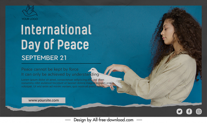 banner world day of peace template woman holding dove sketch modern realistic design 