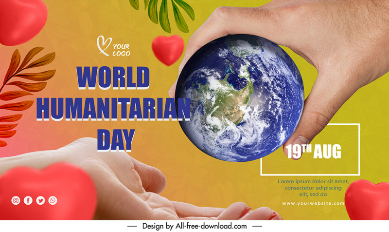 banner world humanitarian day template hands holding earth hearts leaves sketch modern realistic design 