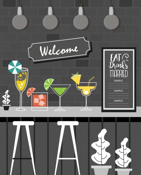 bar backdrop grey decor cocktail wineglasses icons