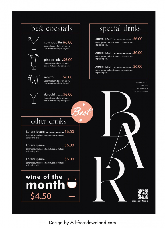 bar club menu template dark flat texts beverages layout 