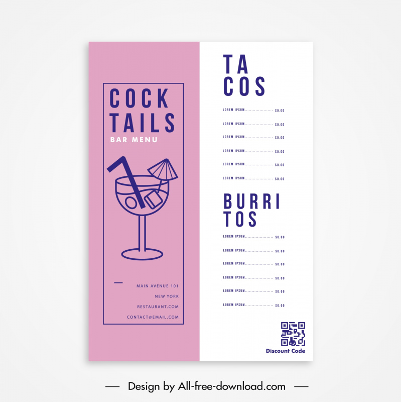 bar club menu template flat classic handdrawn 